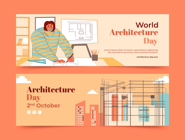 Vector gratuito plantilla de banner horizontal del día mundial de la arquitectura plana