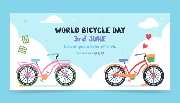 Plantilla de banner horizontal del día mundial de la bicicleta plana con bicicletas