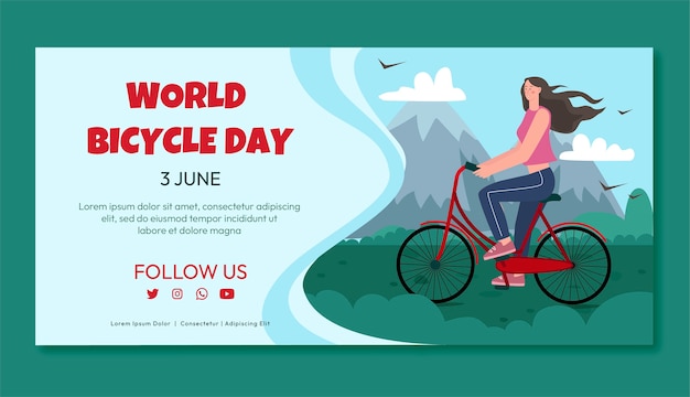 Vector gratuito plantilla de banner horizontal del día mundial de la bicicleta plana