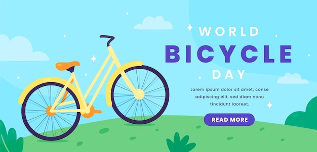 Plantilla de banner horizontal del día mundial de la bicicleta plana