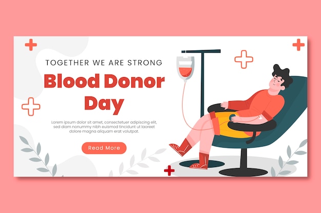 Plantilla de banner horizontal del día mundial del donante de sangre plano con persona que dona sangre