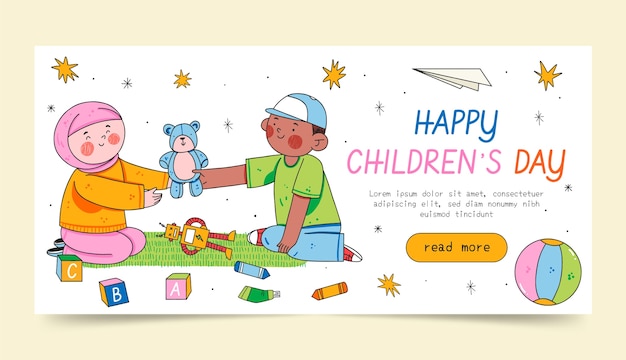 Vector gratuito plantilla de banner horizontal del día mundial del niño dibujado a mano