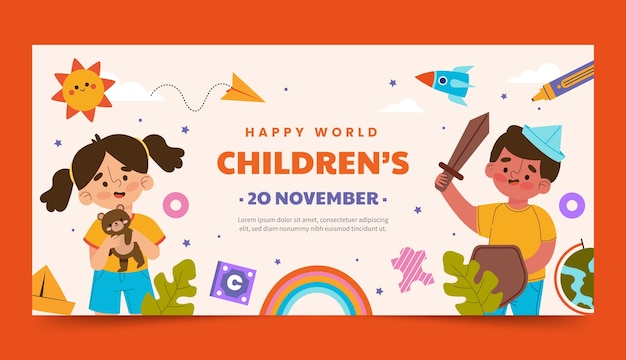 Plantilla de banner horizontal del día mundial del niño plano