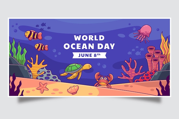 Vector gratuito plantilla de banner horizontal del día mundial de los océanos dibujado a mano