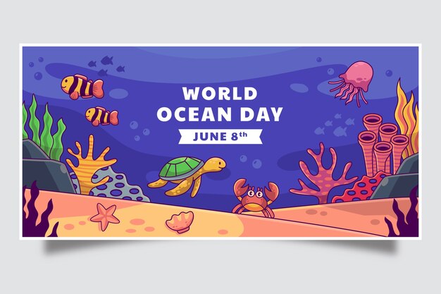 Plantilla de banner horizontal del día mundial de los océanos dibujado a mano