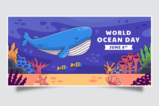 Vector gratuito plantilla de banner horizontal del día mundial de los océanos dibujado a mano