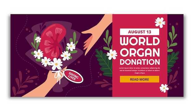 Plantilla de banner horizontal del día mundial plano de la donación de órganos