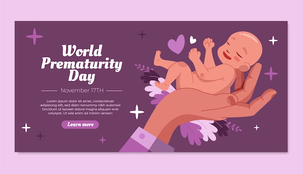 Plantilla de banner horizontal del día mundial de la prematuridad plana