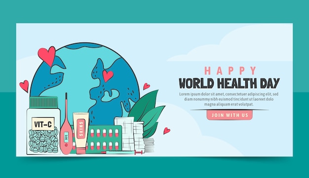 Plantilla de banner horizontal del día mundial de la salud dibujado a mano