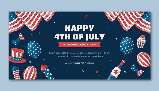 Plantilla de banner horizontal dibujada a mano para la celebración americana del 4 de julio