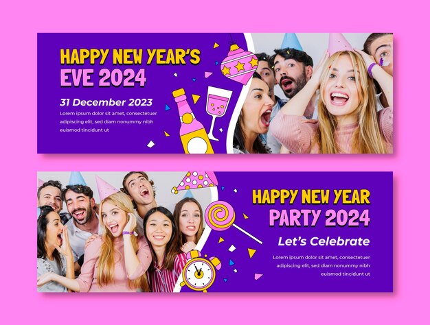 Plantilla de banner horizontal dibujada a mano para la celebración del año nuevo 2024