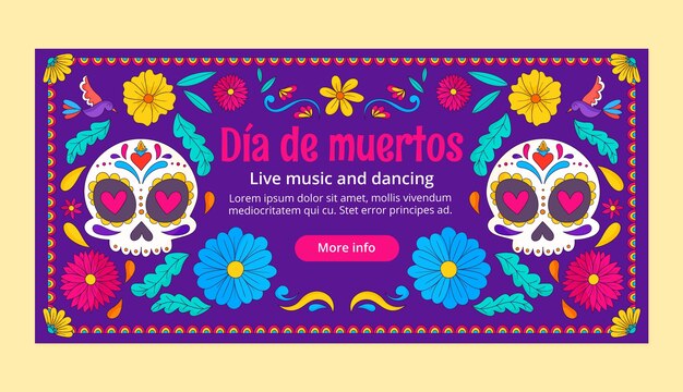 Plantilla de banner horizontal dibujada a mano para la celebración del dia de muertos