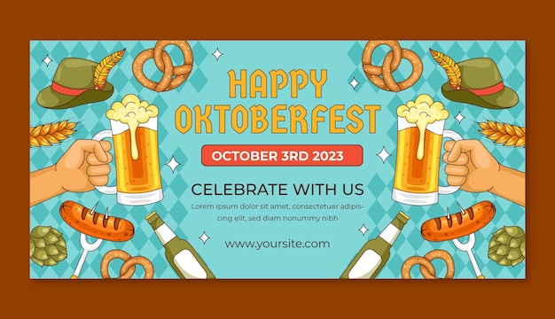 Vector gratuito plantilla de banner horizontal dibujada a mano para la celebración del festival de la cerveza oktoberfest