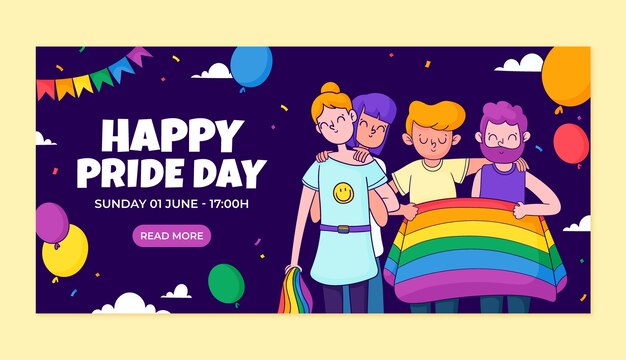 Plantilla de banner horizontal dibujada a mano para la celebración del mes del orgullo