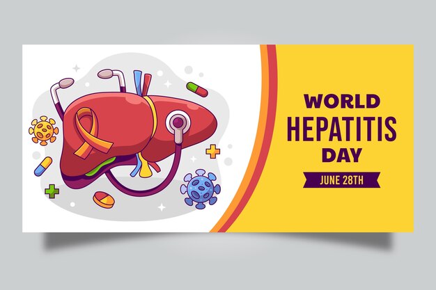 Plantilla de banner horizontal dibujada a mano para la conciencia del día mundial de la hepatitis