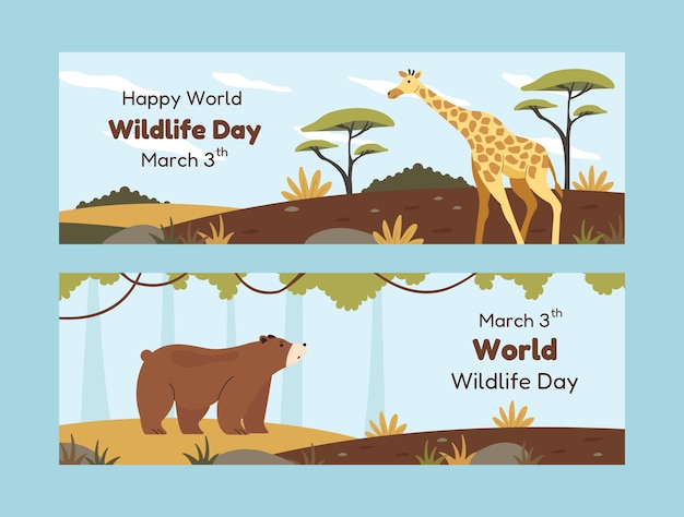 Vector gratuito plantilla de banner horizontal dibujada a mano para el día mundial de la vida silvestre con flora y fauna
