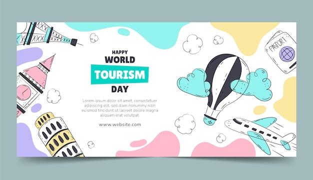 Vector gratuito plantilla de banner horizontal dibujado a mano para el día mundial del turismo