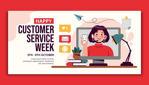 Plantilla de banner horizontal de diseño plano de semana de servicio al cliente