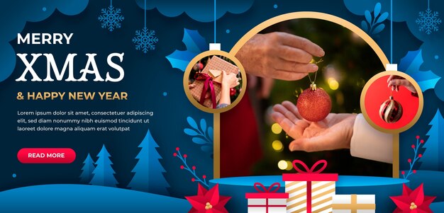 Plantilla de banner horizontal estilo papel para la celebración de la temporada navideña con regalos y adornos