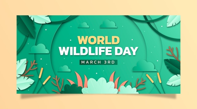 Plantilla de banner horizontal de estilo de papel para el día mundial de la vida silvestre con flora y fauna