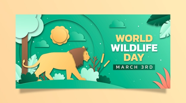 Vector gratuito plantilla de banner horizontal de estilo de papel para el día mundial de la vida silvestre con flora y fauna