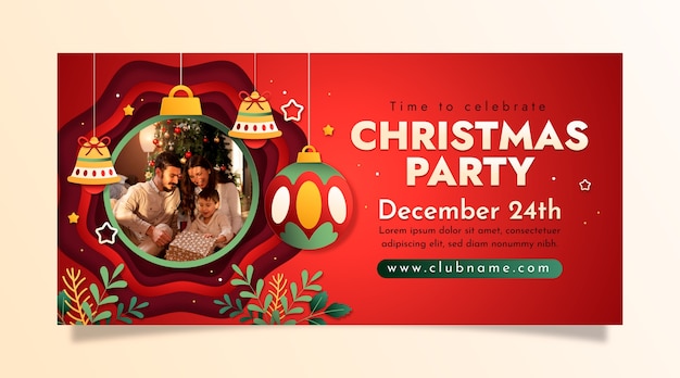 Vector gratuito plantilla de banner horizontal estilo papel para la temporada navideña con adornos