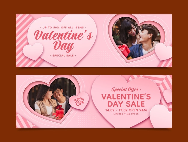 Vector gratuito plantilla de banner horizontal de estilo papel para las vacaciones del día de san valentín