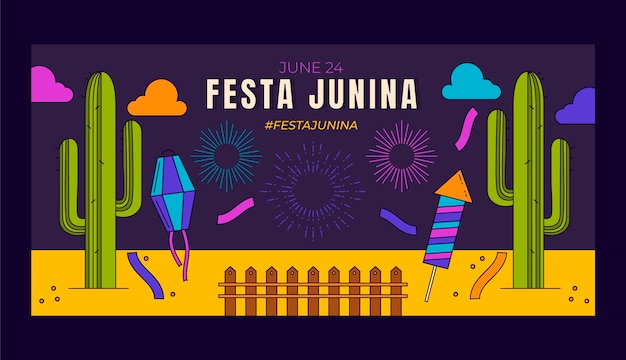 Plantilla de banner horizontal de festas juninas dibujadas a mano