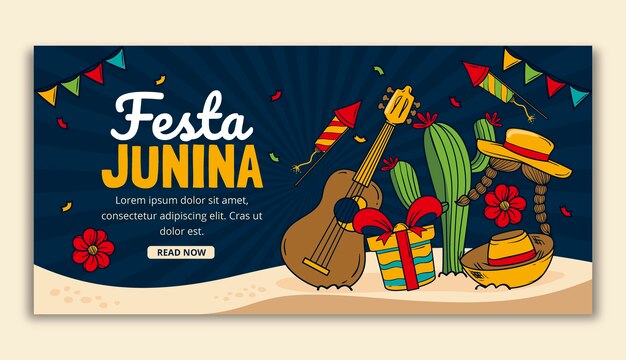 Plantilla de banner horizontal de festas juninas dibujadas a mano
