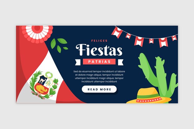 Plantilla de banner horizontal de fiestas patrias planas con bandera y cactus