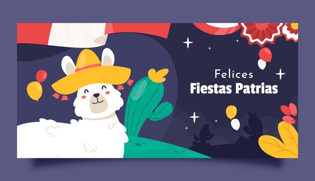 Plantilla de banner horizontal de fiestas patrias planas con llama y cactus