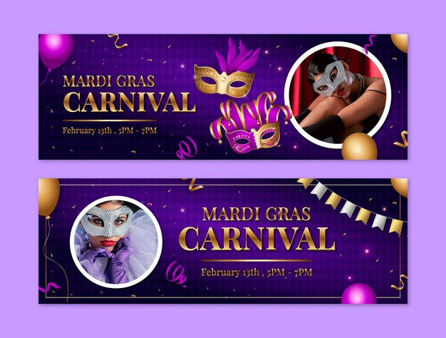 Plantilla de banner horizontal con gradiente para el festival de Mardi Gras