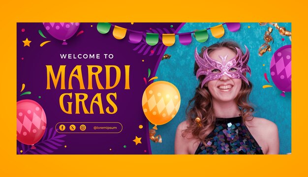 Plantilla de banner horizontal con gradiente para el festival de Mardi Gras