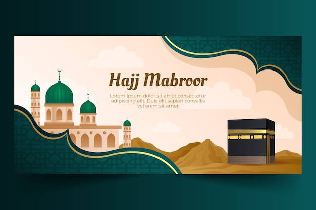 Plantilla de banner horizontal hajj degradado con la meca