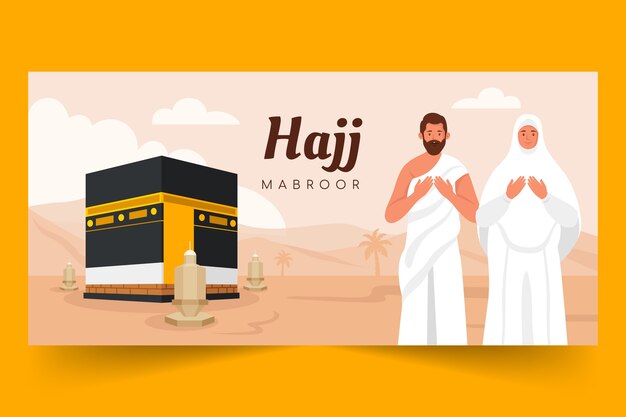 Plantilla de banner horizontal hajj plano con la meca y personas rezando