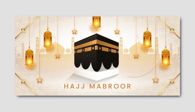 Vector gratuito plantilla de banner horizontal hajj realista con meca y linternas