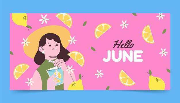 Plantilla de banner horizontal de hola junio dibujado a mano