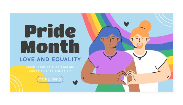 Plantilla de banner horizontal lgbt del mes del orgullo plano con hombre y mujer haciendo el signo del corazón
