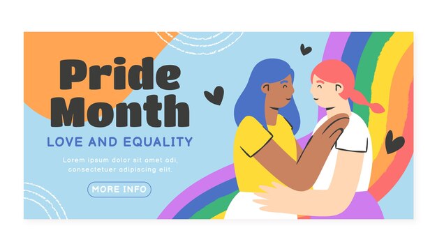 Plantilla de banner horizontal lgbt del mes del orgullo plano con pareja de lesbianas