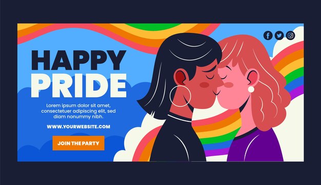 Plantilla de banner horizontal lgbt del mes del orgullo plano