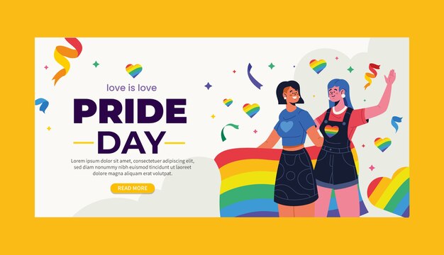 Plantilla de banner horizontal lgbt del mes del orgullo plano