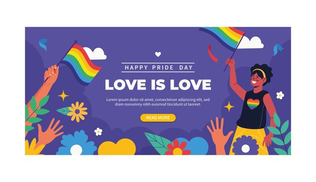 Plantilla de banner horizontal lgbt del mes del orgullo plano