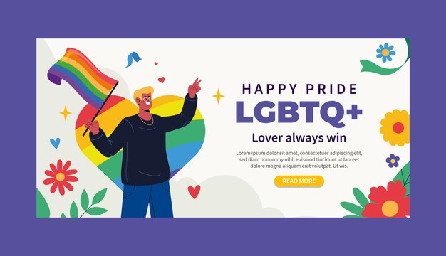 Plantilla de banner horizontal lgbt del mes del orgullo plano
