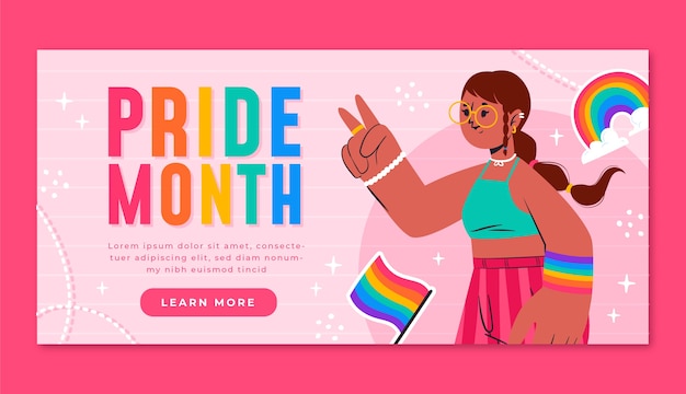 Plantilla de banner horizontal lgbt del mes del orgullo plano