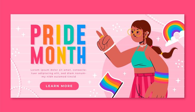 Plantilla de banner horizontal lgbt del mes del orgullo plano