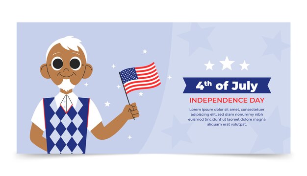 Plantilla de banner horizontal plana del 4 de julio con una persona mayor con bandera