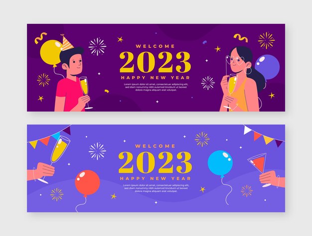 Plantilla de banner horizontal plana de año nuevo 2023