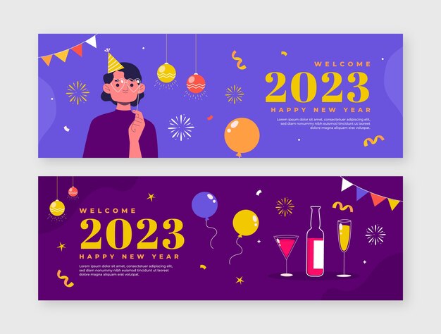 Plantilla de banner horizontal plana de año nuevo 2023