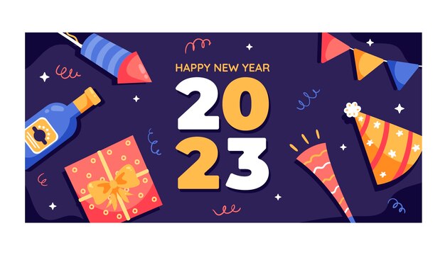 Plantilla de banner horizontal plana de año nuevo 2023