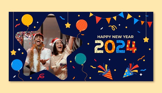 Plantilla de banner horizontal plana para la celebración del año nuevo 2024